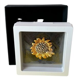Gold Sunflower & Bee Brooch with Rhinestones